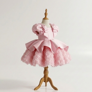 Robe de bal élégante rose pour filles, manches bouffantes, double nœud, jupe à rosettes 3D, pour fête d'anniversaire/mariage/fille d'honneur - Product Image 2