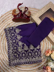 Elegante Sari de Seda Morado con Bordado Zari y Lentejuelas para Bodas y Fiestas, Estilo Indio-Pakistaní, Largo hasta el Tobillo - Product Image 6