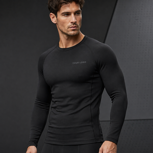 Camiseta térmica de manga larga con etiqueta tejida personalizada, dobladillo acanalado, tejido de poliéster de secado rápido para entrenamiento en el gimnasio, OEM, personalizada, nueva. - Product Image 4