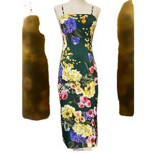 Robe midi moulante en soie 100% à imprimé floral, anti-rides, col carré, sans manches, bretelles spaghetti, ajustée, pour l'été, cocktail, romantique - Product Image 5