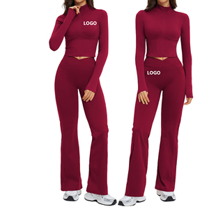 Women's Burgundy 2 Piece Yoga Set Turtleneck <b>Crop</b> <b>Top</b> High Waist Leggings Full Length Seamless Zipper Sweat-Wicking - Product Image 5