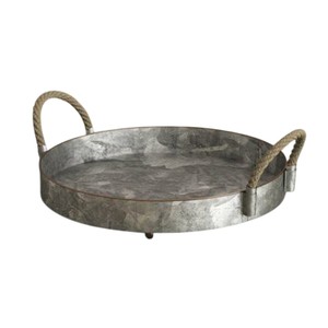 Trending Handcrafted <b>Round</b> Galvanized Metal Serving <b>Tray</b> with Jute Rope Handles Farmhouse Decorative Ottoman <b>Tray</b> for <b>Table</b> - Product Image 1