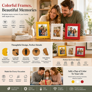 Colorful Scalloped <b>Wooden</b> Photo <b>Frame</b> Set | Modern Decorative Tabletop <b>Picture</b> <b>Frames</b> | Yellow, White & Red <b>Picture</b> <b>Frames</b> Home - Product Image 5