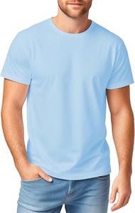 Camiseta de Algodón Azul Claro para Hombre, Manga Corta, Cuello Redondo, Corte Regular, Informal, Tejido de Punto, Color Sólido - Product Image 2