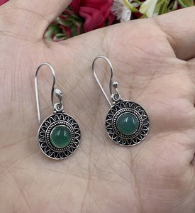 Natural Green Onyx Round Dangle <b>Earrings</b> Silver Plated Brass Handmade Gemstone <b>Hook</b> <b>Earrings</b> Vintage Boho Fashion Jewelry - Product Image 3