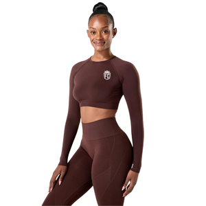 Womens Seamless <b>Long</b> <b>Sleeve</b> Cashmere <b>Brown</b> Sculpting Stretch Crop <b>Top</b> for Gym Training Workout Athleisure Wear - Product Image 3