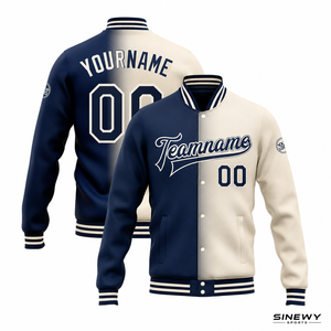 Chaqueta Universitaria para Hombre SINEWY, Color Azul Marino y Crema, Bloques de Color, Nombre y Número del Equipo Personalizados, Estilo Preppy, Cuello Camisero, Material de Poliéster - Product Image 1