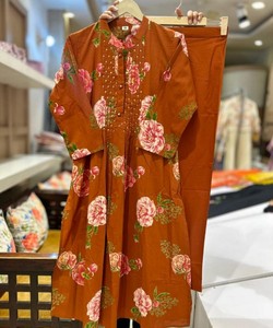 Women Traditional Cotton Kurta Floral Print Orange Regular Fit Regular Length Casual Party Wear India Pakistan Style Quick Dry - Product Image 3