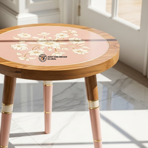 Luxury Handcrafted Minakari Wooden Accent <b>Table</b> Vibrant & Floral Inlay <b>Stool</b> Premium Tapered Leg Pedestal <b>with</b> Gold Accents - Product Image 2