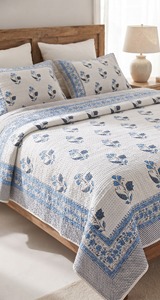 The FABRIA Hand Block Print Floral Lightweight Cotton Kantha <b>Quilt</b> Handmade Reversible Bohemian <b>Indian</b> Queen Size Blanket - Product Image 6