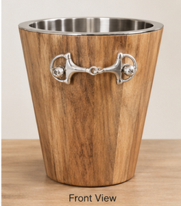 Seau à vin en bois avec bordure métallique et poignée en forme de mors d'équitation, refroidisseur de table rustique pour la décoration de la maison et des restaurants - Product Image 1