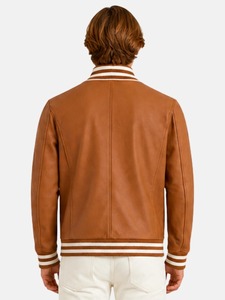 Veste varsity en cuir marron pour homme, col montant, fermeture à boutons, coupe classique, style décontracté d'automne - Product Image 3