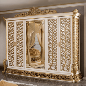 Elegante Armario Barroco Clásico de Caoba con Tallados en Dorado Marfil, Armario con Puertas de Espejo, Muebles de Dormitorio de Lujo, Personalizado OEM - Product Image 1