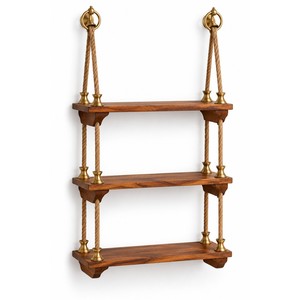 Étagère murale en corde de coco et bois de manguier à 3 niveaux Kerala Nilavilakku Vente en gros - Product Image 1