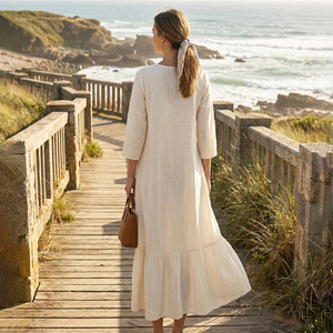 Low MOQ Handmade 100% Cotton V-Neck Midi Breathable Plain Dyed A-Line Flowy Summer Beach Dress Pockets Women Vintage <b>Bow</b> High - Product Image 2