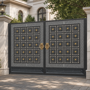 Portail de sécurité de luxe noir en métal à motif grec avec accents dorés, design orné pour entrée de villa à double porte pour la maison - Product Image 3