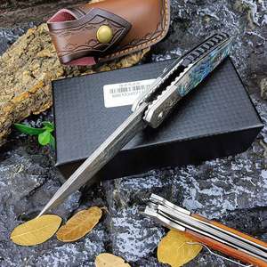 Couteau de poche pliant multifonctionnel haut de gamme en acier Damas avec manche en plastique et étui en cuir pour camping en extérieur – Garantie 1 an - Product Image 4