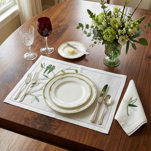 Custom Wholesale Luxury Handmade Embroidered Linen Parrots <b>Placemats</b> Napkins Sets Washable Reuse White Linen Hemstitch Weddings - Product Image 1