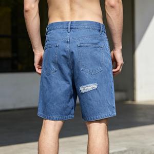 Pantalones Cortos Bermuda de Mezclilla Azul para Hombre, Desgastados, de Cintura Media, con Botones, Casuales, de Algodón Tejido - Product Image 3