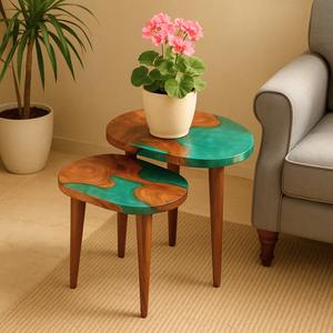 Juego de 3 mesas nido personalizadas – Madera de teca con acabado de resina gris tintada y brillo de faizacraft - Product Image 6