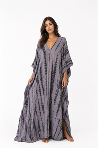 Boho Tie Dye 100% Cotton Eco-Friendly <b>Kaftan</b> Dress V-Neck Modern Maxi Kimono Robe Natural Waist <b>Summer</b> Beachwear Women Resort - Product Image 1
