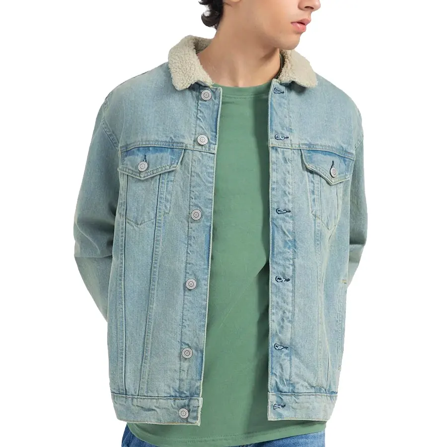 Best Quality Men Light Blue Color Denim Jacket With Faux Fur Turn Down Collar Made By AL-FARAJ In Wholesale Rates