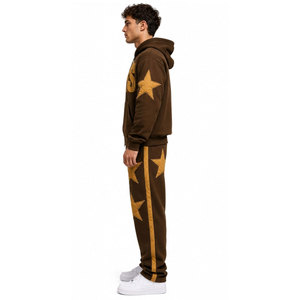 Ensemble de survêtement unisexe marron à capuche avec étoiles dorées et imprimé craquelé, fermeture éclair sur le devant, sweat-shirt et pantalon décontractés pleine longueur - Product Image 5