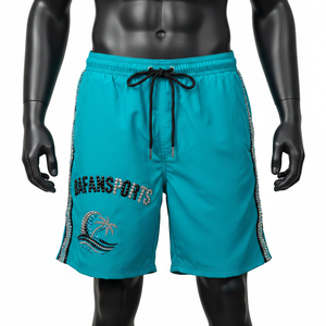 Shorts de baño de poliéster de secado rápido de alta calidad, 140 GSM, color verde azulado con franjas laterales negras y logotipo de diamantes de imitación, ropa de playa para hombre. - Product Image 6