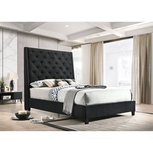 Letto matrimoniale imbottito in stile contemporaneo con pannelli, testiera capitonné con bottoni e finiture a punta, colore nero, per camera da letto - Product Image 1