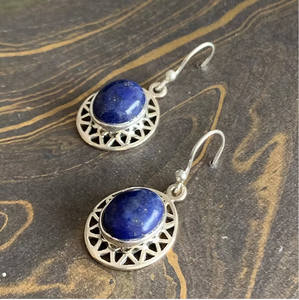 Ethnic Lapis Lazuli Oval Gemstone <b>Earrings</b> 925 Sterling Silver Geometric Cutout Frame - Natural Stone <b>Fine</b> Jewelry Wholesale - Product Image 2