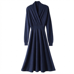 Elegante Vestido de Suéter de Cachemira para Mujer, Cuello en V, Manga Larga, Corte en A, Midi, Tejido de Punto, Color Sólido, Moda Otoñal - Product Image 6