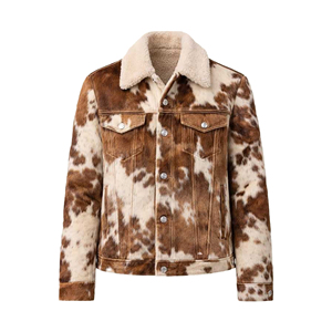 เสื้อแจ็คเก็ตหนังลายสัตว์สีน้ำตาลขาวบุขนเชอร์ปาสำหรับผู้ชาย ปกคอพับได้ สวมใส่สบาย เหมาะสำหรับฤดูหนาว - Product Image 1