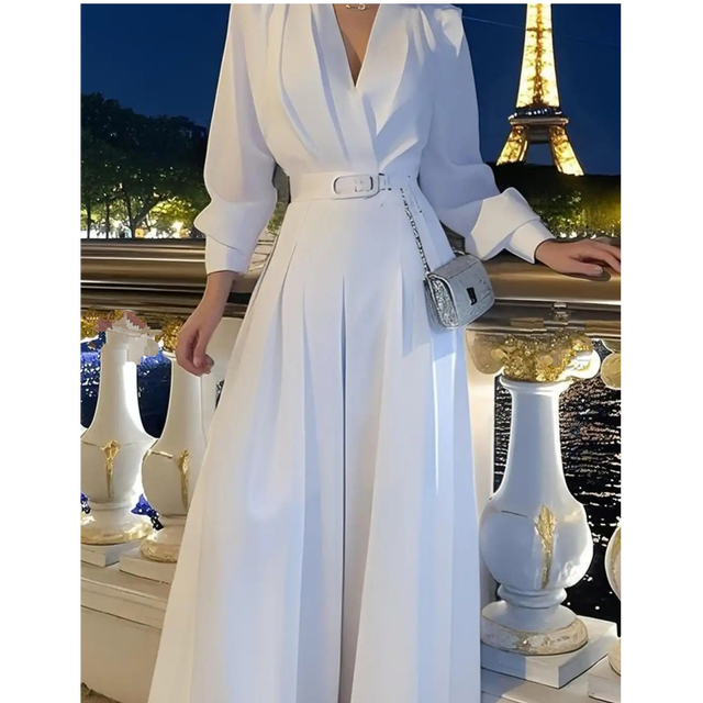 White Pleated Wide Leg Jumpsuit often called the V Neck Bishop Sleeve Jumpsuit or Sash Belt Palazzo Jumpsuit