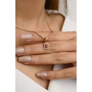 14K <b>Solid</b> <b>Gold</b> Pear Cut Ruby Halo Diamond <b>Pendant</b> Necklace - Product Image 5