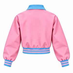 Chaqueta Universitaria de Satén Rosa para Mujer Gamma Phi Delta, Cuello Azul en Contraste, Cierre de Botones a Presión, Chaqueta Letterman con Escudo Bordado - Product Image 4