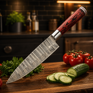 Custom Handmade Modern Ambidextrous Chef <b>Knife</b> Damascus Steel Blade 3.0mm Thickness Rose Wood Handle Leather Sheath 8-9.9in - Product Image 1