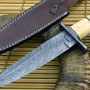 Couteau de chasse Bowie DIY OEM avec acier Damas et manche en bois et étui en cuir - Couteau de chasse d'extérieur - Product Image 6