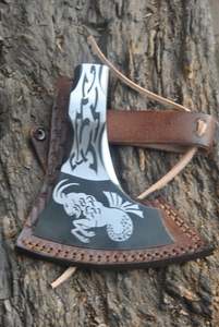 UMAR FAROOQ Handmade High Carbon Steel <b>Axe</b> Head Etching Premium Leather Sheath Hatchet Custom Wood <b>Handle</b> 0.6kg Outdoor Camping - Product Image 4
