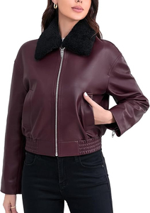 Chaqueta Bomber de Cuero Genuino para Mujer con Ribete de Piel, Cierre de Cremallera, Color Sólido, Estilo Invernal, Manga Larga - Product Image 2