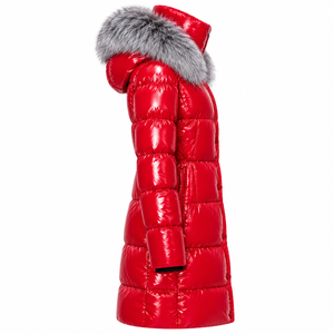 Unisex Customized Thick Hooded Red Glossy <b>Long</b> <b>Puffer</b> <b>Coat</b> with Gray Fur Hood Winter Windproof Color Blocking - Product Image 3