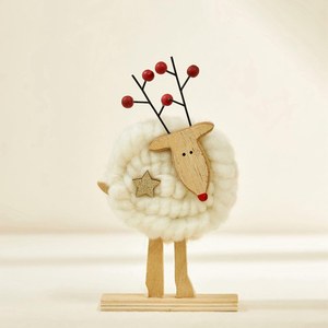 <b>Wooden</b> Reindeer Christmas Decoration With <b>Wool</b> Body Heart Xmas Sign Tabletop Holiday Decor - Product Image 6