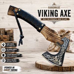 Hacha Vikinga con Cabeza de Acero al Carbono Grabada de Timber Steel Enterprises, Hoja de 3 5/8 Pulgadas, Mango de Madera Envuelto en Cuero - Product Image 3