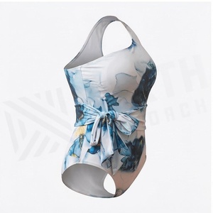 Ensemble de yoga 2 pièces imprimé papillon bleu avec finition dorée, body à col en V profond et jupe portefeuille longueur genou - Product Image 3