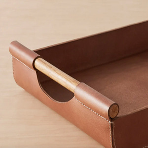 Bandeja rectangular de cuero con asas de metal, bandeja de cuero rectangular con asas de latón, bandeja de cuero de grano corrugado azul oscuro - Product Image 6
