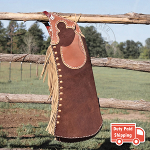 Chaps en cuir de cowboy western avec franges, surpiqûres décoratives et poche utilitaire – Chaps d'équitation de rodéo faits à la main pour hommes et femmes - Product Image 2