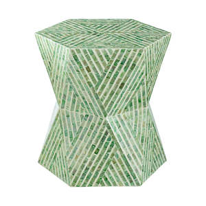 Mesa decorativa con acentos de concha de capiz a rayas verdes, taburete de mosaico de nácar con forma de reloj de arena, muebles decorativos de nácar para dormitorio y sala de estar - Product Image 1