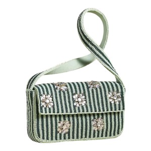 Sac à bandoulière artisanal vert rayé à perles |   Pochette élégante à rabat ornée de cristaux pour femmes - Product Image 5