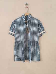 ชุดเดรสผ้าฝ้ายสีน้ำเงินสำหรับผู้หญิง, เดรสสั้นคอปกแขนสั้นทำมือสำหรับฤดูร้อน, เสื้อเชิ้ตสไตล์โบโฮลำลอง - Product Image 4