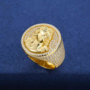 Men's Religious Yellow Gold Diamond Ring Round Brilliant Cut <b>Natural</b> G Color Jesus Face Design - Product Image 1
