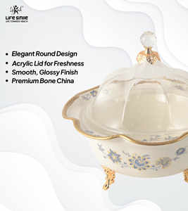 ถาดเสิร์ฟพร้อมฝาครอบใส วัสดุทำจากกระเบื้องโบนไชน่า คุณภาพสูง ดีไซน์หรูหราทันสมัย พร้อมขาตั้งสีทอง - Product Image 3